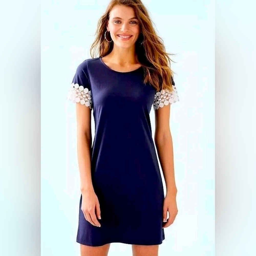 Lilly Pulitzer Womens Medium Navy Blue Lace Short Sleeves Hayes Mini Dress